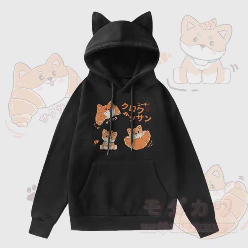 MODAKAWA Kapuzenpullover mit Croissant-Welpen-Motiv, Fleece-Futter und Katzenohren  - Schwarz - 2XL - image 1