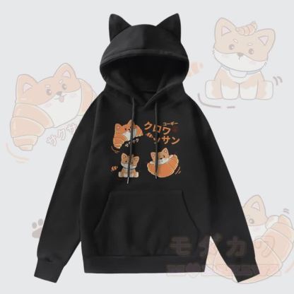 MODAKAWA Kapuzenpullover mit Croissant-Welpen-Motiv, Fleece-Futter und Katzenohren  - Schwarz - 2XL - image 1
