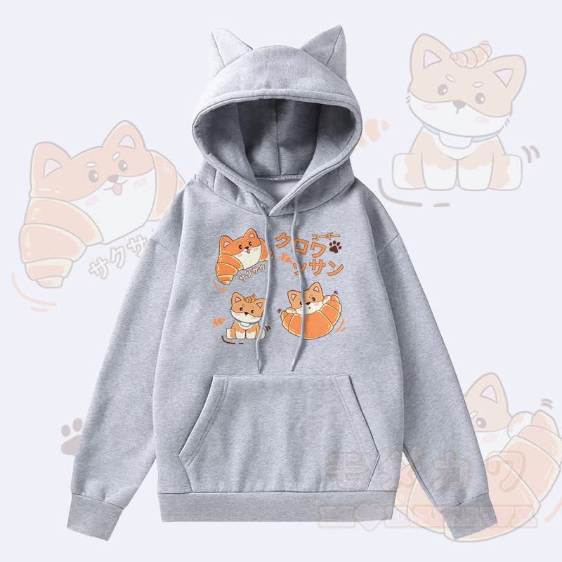 MODAKAWA Kapuzenpullover mit Croissant-Welpen-Motiv, Fleece-Futter und Katzenohren  - Grau - 2XL - image 2