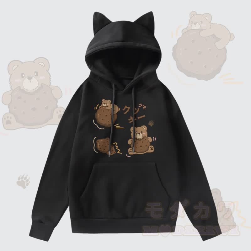MODAKAWA Cookie Bear Grafik-Kapuzenpullover mit Taschenfutter und Katzenohren  - Schwarz - 2XL - image 2