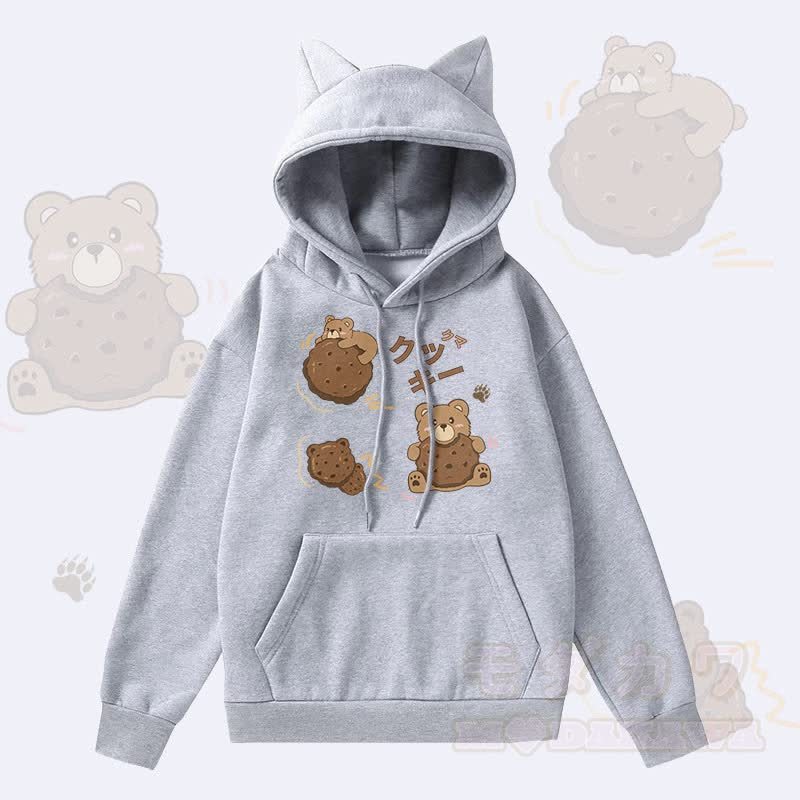MODAKAWA Cookie Bear Grafik-Kapuzenpullover mit Taschenfutter und Katzenohren  - Grau - 2XL - image 1