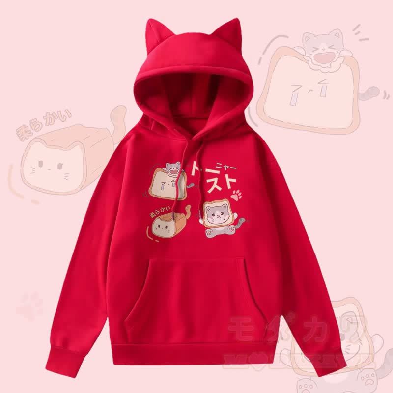 MODAKAWA Kapuzenpullover mit Katzenmotiv und Fleece-Futter, Katzenohren  - Rot - 2XL - image 2