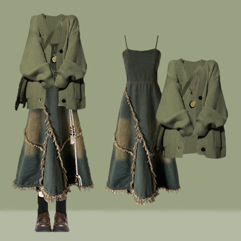 Strickjacke, Jeanskleid, passendes Outfit - Set - XL - image 1