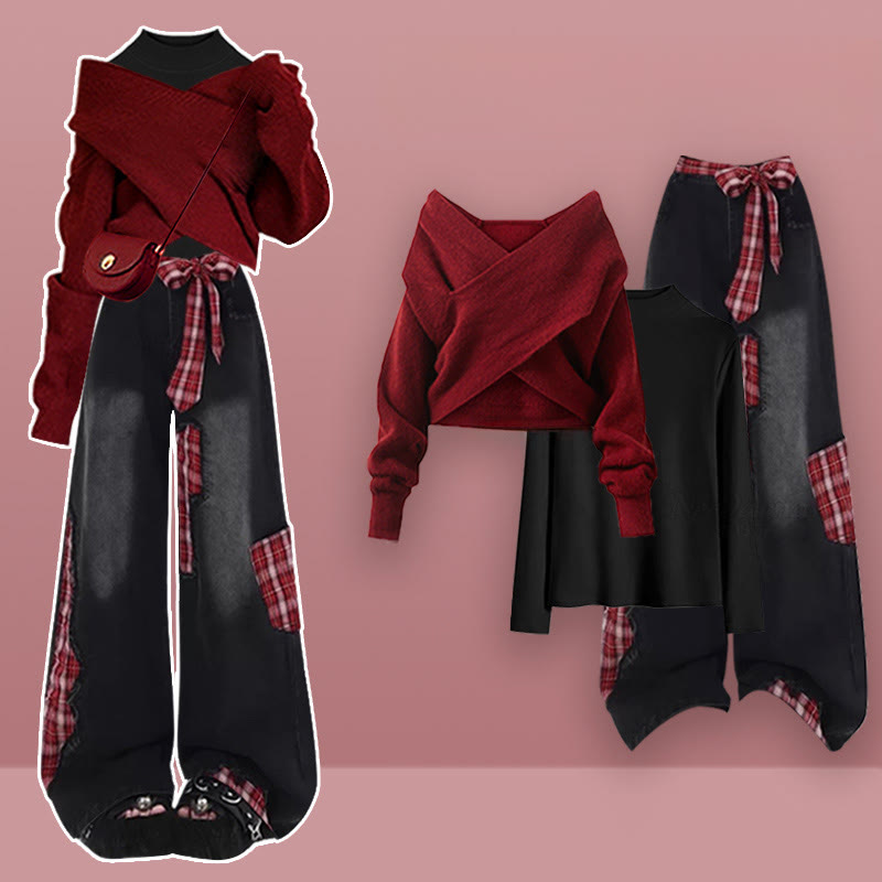 Schwarzes Top mit Kreuzstrickpullover und karierter Jeans – passendes Outfit - Set - XL - image 1