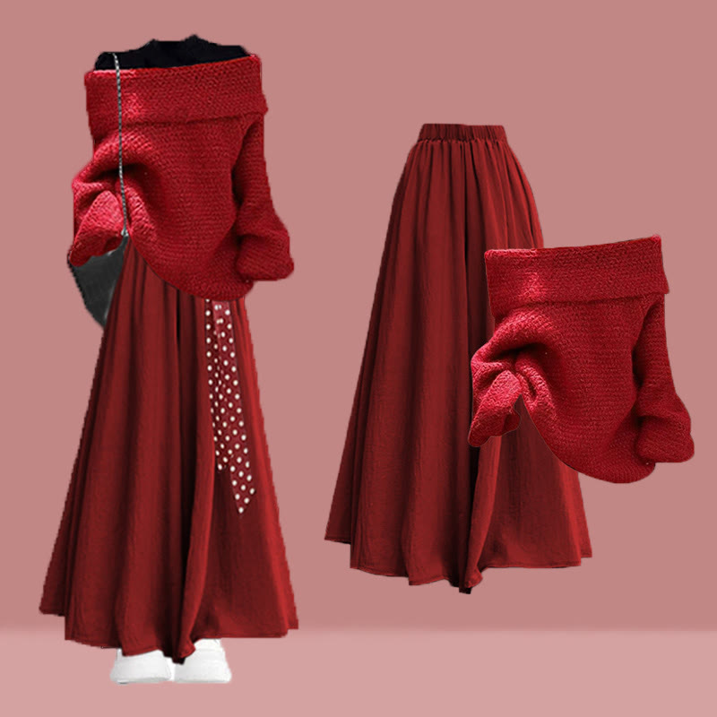 Strickpullover, schwarzes Oberteil, weite Hose, passender Rock - Set - XL - image 1