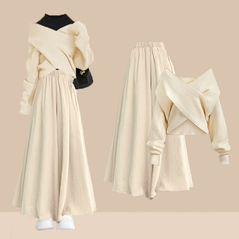 Schwarzes Oberteil mit Kreuzstrickmuster, dazu passende Hose und Rock mit weitem Bein - Set - XL - image 1