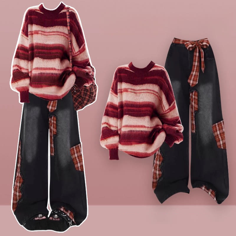 Gestreifter Strickpullover, karierte Jeans, passendes Outfit - Set - XL - image 1