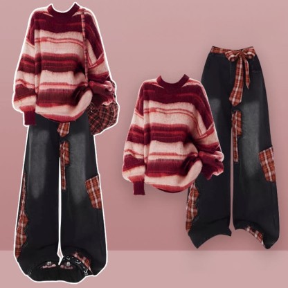 Gestreifter Strickpullover, karierte Jeans, passendes Outfit - Set - XL - image 1