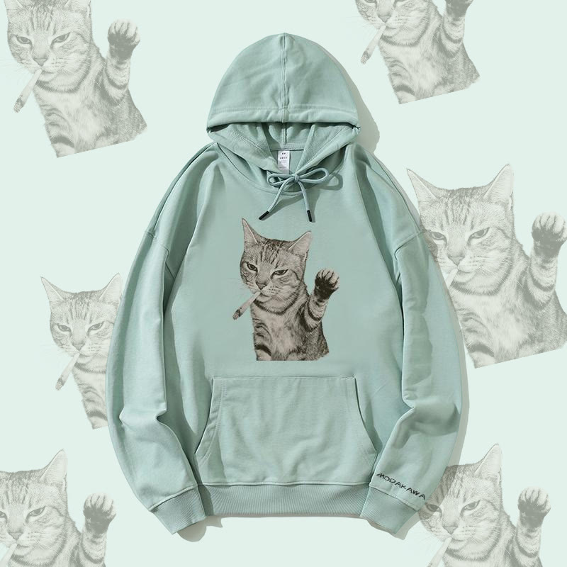 MODAKAWA Smoking Cat Grafik Baumwollmischung Streetwear Pullover Hoodie - Green - 5XL - image 1