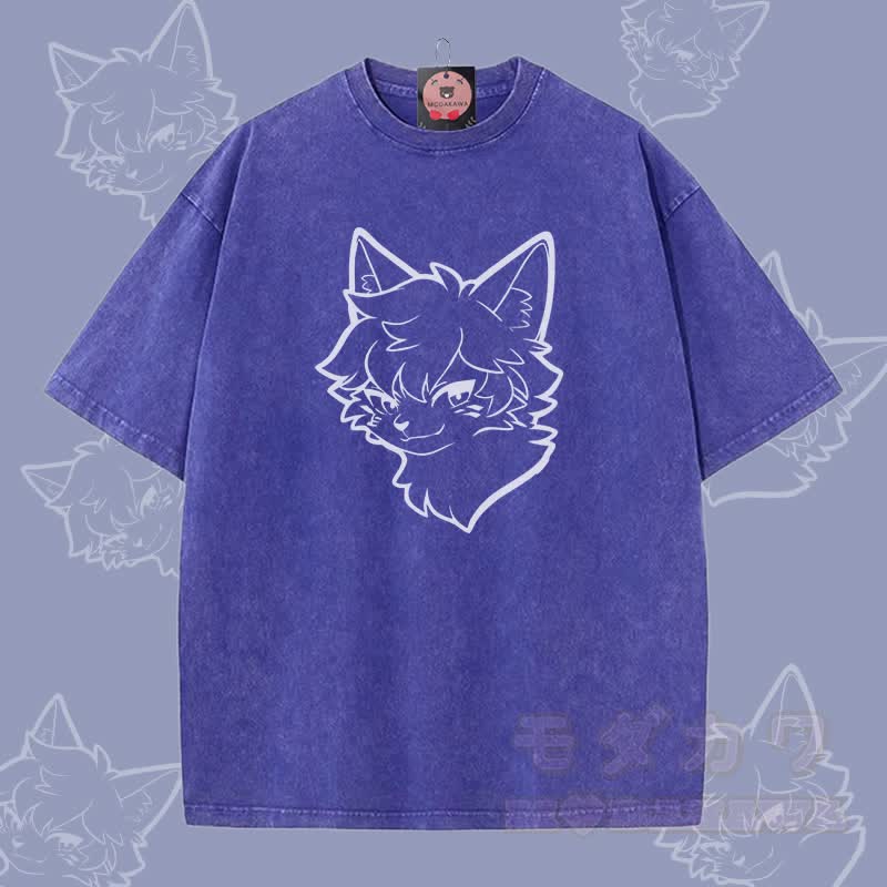 MODAKAWA Cool Fox Boy Grafik Unisex Vintage Washed T-Shirt - Blau - 5XL - image 2