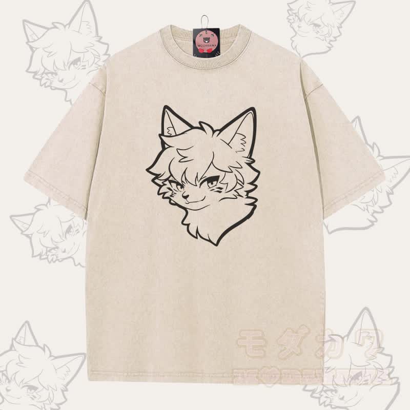 MODAKAWA Cool Fox Boy Grafik Unisex Vintage Washed T-Shirt - Aprikose - 5XL - image 1
