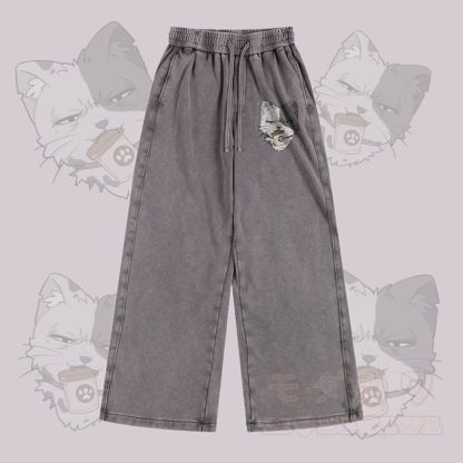 MODAKAWA Hose mit Katzenmotiv (Vintage-Waschung) und verstellbarem Saum - Grau - 2XL - image 2