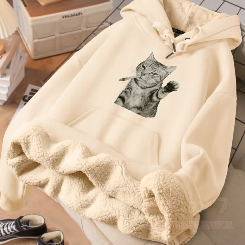 MODAKAWA Winterhoodie mit Raucherkatzen-Motiv, dick gefüttert mit Fleece - Aprikose - 2XL - image 2