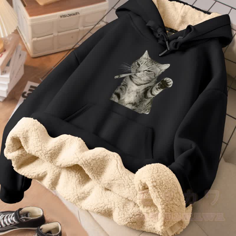 MODAKAWA Winterhoodie mit Raucherkatzen-Motiv, dick gefüttert mit Fleece - Schwarz - 2XL - image 1