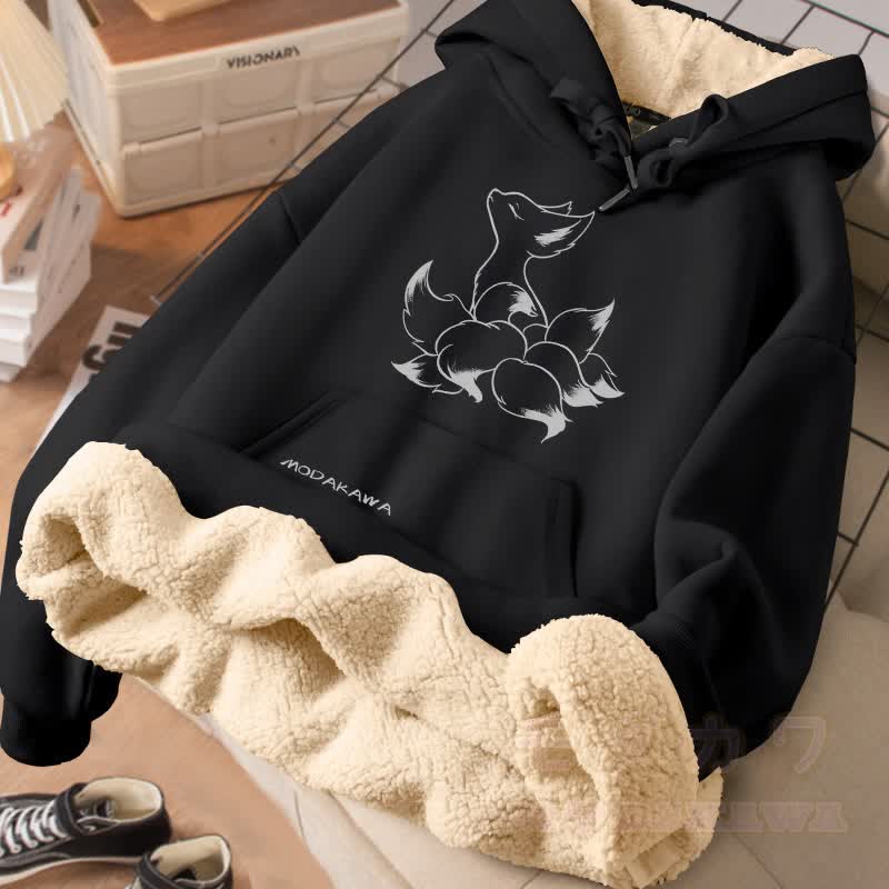 MODAKAWA Winter-Hoodie mit Mystic-Neunschwanzfuchs-Motiv und dickem Fleecefutter - Schwarz - 2XL - image 1