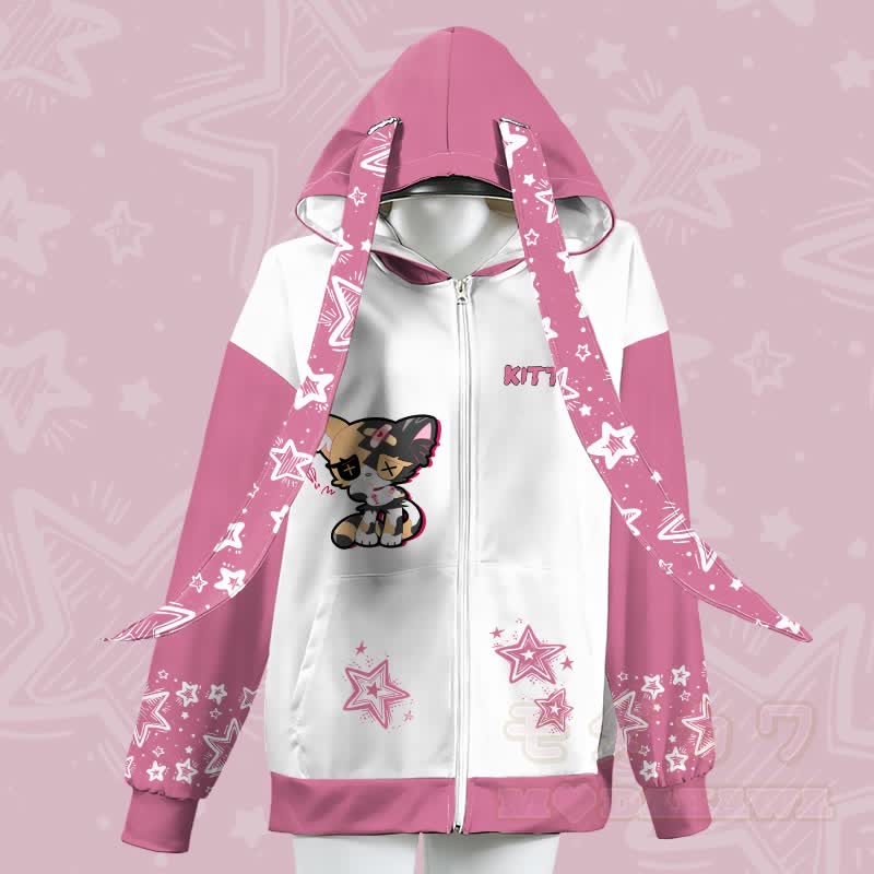 MODAKAWA Kapuzenpullover mit traurigem Katzenmotiv, Reißverschluss und langen Hasenohren - Rosa - 4XL - image 2