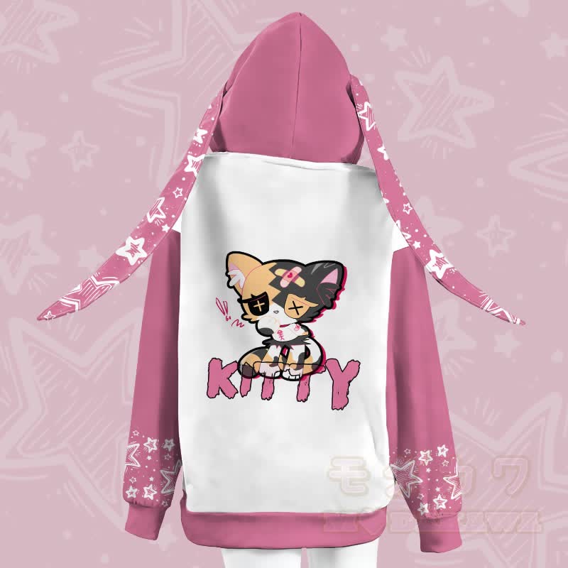 MODAKAWA Kapuzenpullover mit traurigem Katzenmotiv, Reißverschluss und langen Hasenohren - image 1