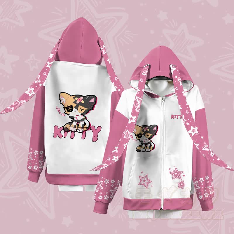 MODAKAWA Kapuzenpullover mit traurigem Katzenmotiv, Reißverschluss und langen Hasenohren - image 3