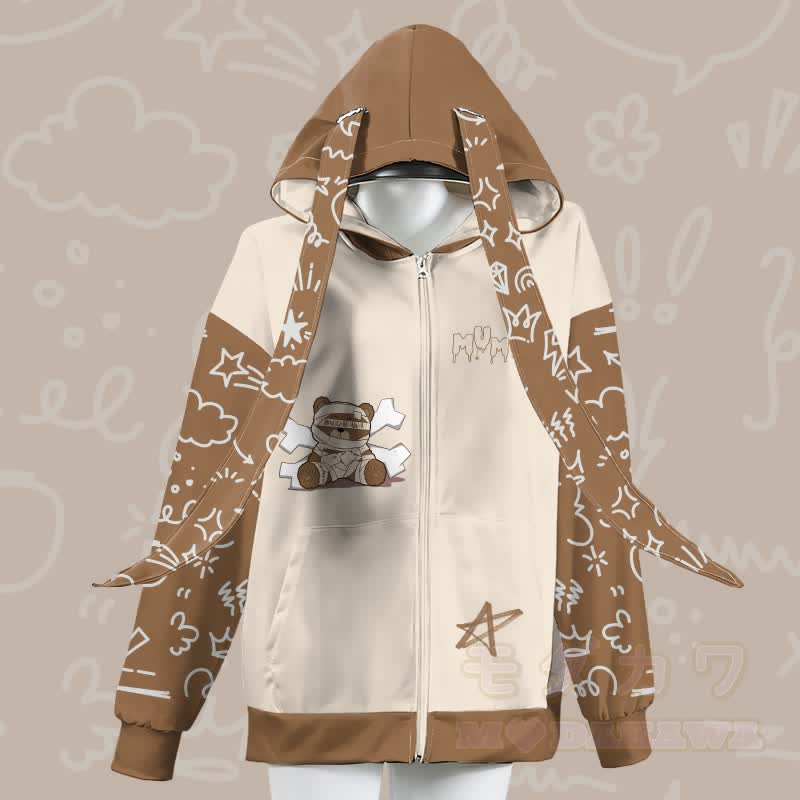 MODAKAWA Kapuzenpullover mit Mumienbär-Motiv, Reißverschluss und langen Hasenohren - Braun - 4XL - image 2