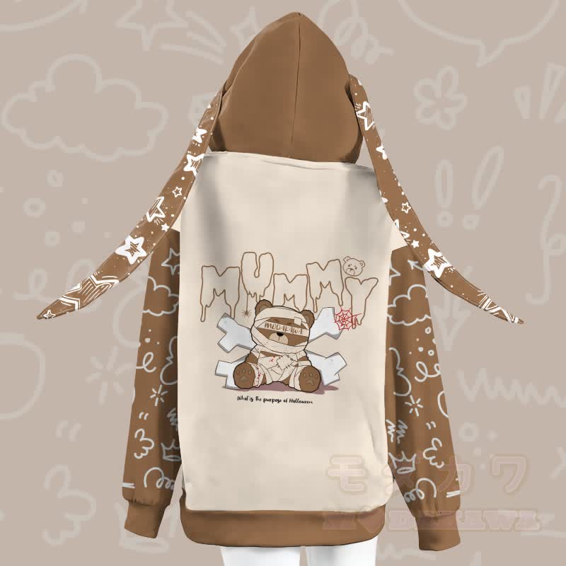 MODAKAWA Kapuzenpullover mit Mumienbär-Motiv, Reißverschluss und langen Hasenohren - image 1