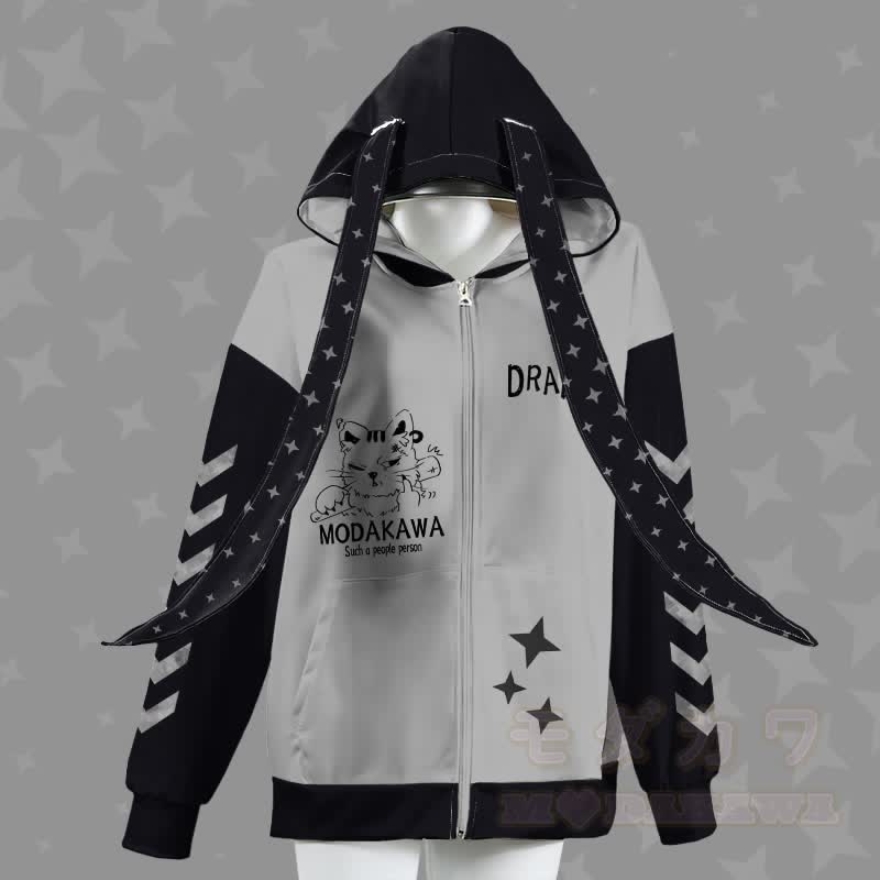 MODAKAWA DRAB Kapuzenpullover mit gereizter Katze, Reißverschluss und langen Hasenohren - Grau - 4XL - image 2