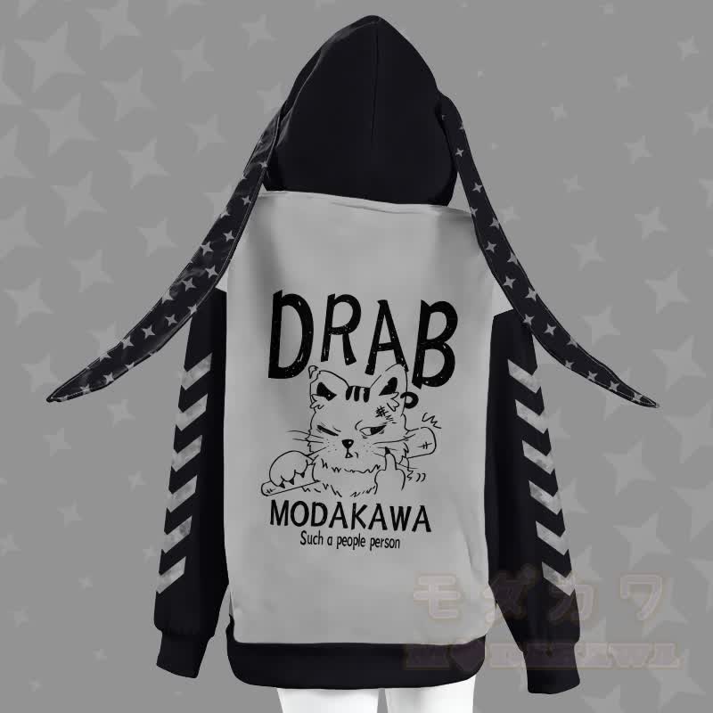 MODAKAWA DRAB Kapuzenpullover mit gereizter Katze, Reißverschluss und langen Hasenohren - image 1