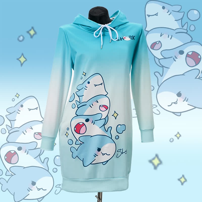 MODAKAWA Kapuzenpulloverkleid mit Farbverlauf und Hai-Motiv sowie Seitentaschen - Blue - 4XL - image 1