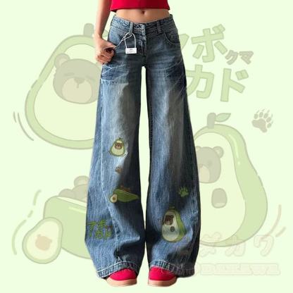 MODAKAWA Avocado Bear Graphic Wide Leg Denim Pants - Blau - XL - image 1
