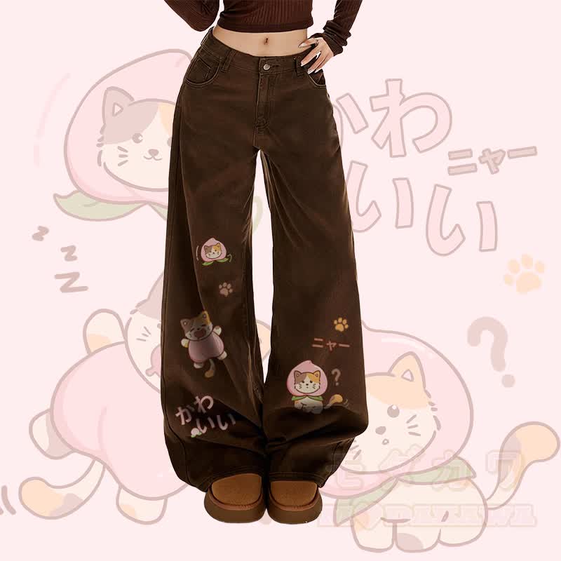 MODAKAWA Jeans mit weitem Bein und Pfirsichkatzen-Motiv - Braun - XL - image 1