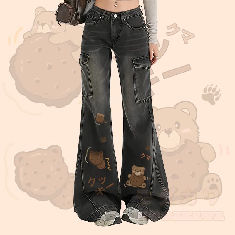 MODAKAWA Cookie Bear Graphic Flare Denim Pants - Schwarz - XL - image 1