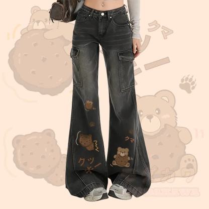 MODAKAWA Cookie Bear Graphic Flare Denim Pants - Schwarz - XL - image 1
