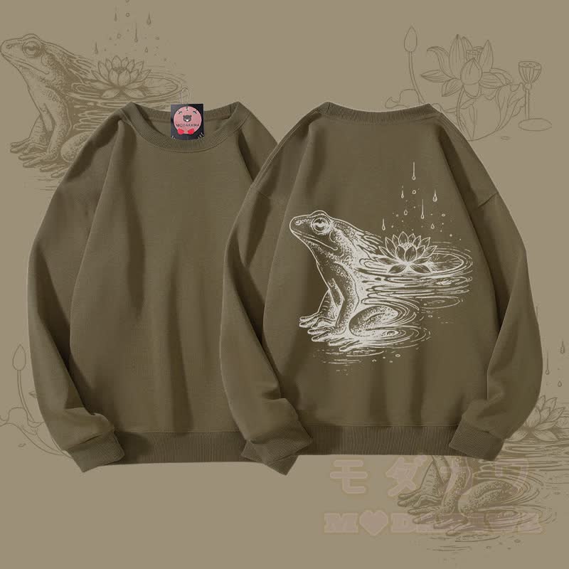 MODAKAWA Unisex-Sweatshirt mit Frosch-Lotus-Grafik - Khaki - 5XL - image 2