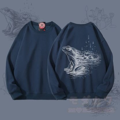 MODAKAWA Unisex-Sweatshirt mit Frosch-Lotus-Grafik - Staubiges Blau - 5XL - image 1