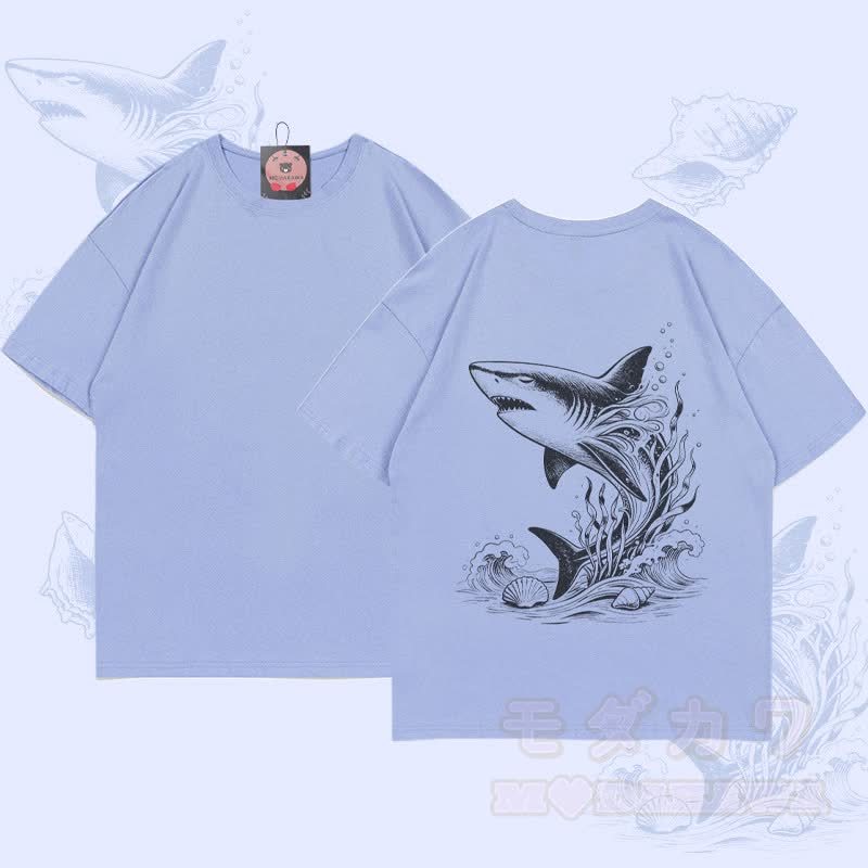 MODAKAWA Ocean Shark Grafik-T-Shirt - Staubiges Blau - 5XL - image 2