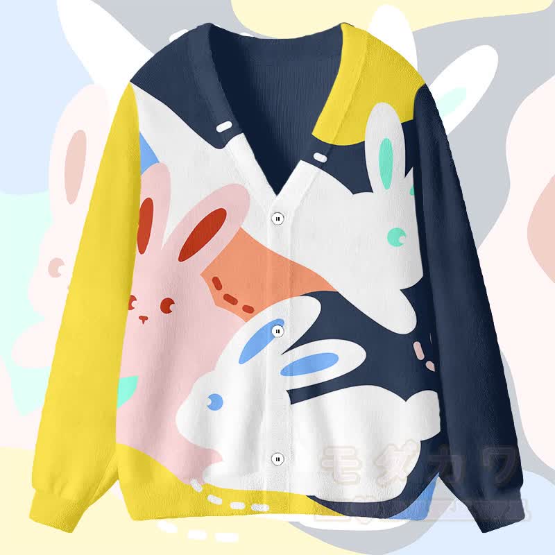 MODAKAWA Cardigan Top mit Farben -Hasenmotiv - Gelb & Lila Blau - 4XL - image 1