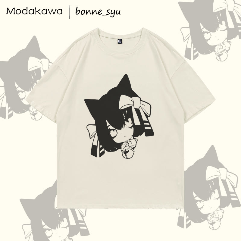 MODAKAWA X bonne_syu KURONEKO Katzenmädchen Grafik-T-Shirt - Beige - 5XL - image 1