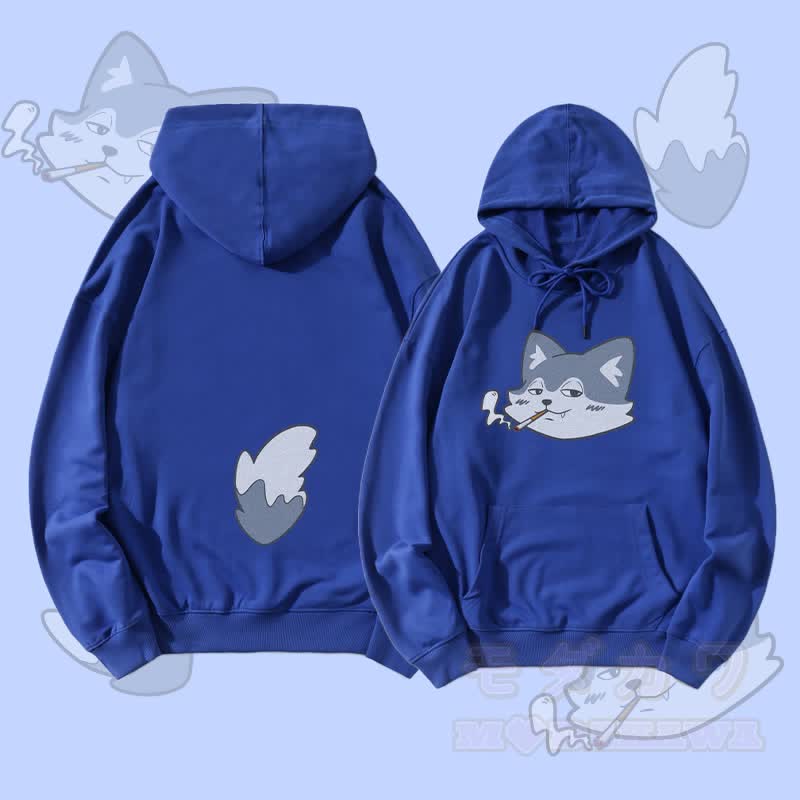 MODAKAWA Streetwear-Pullover-Hoodie mit Raucherwolf-Motiv (Gesicht und Schwanz) - Königsblau - 5XL - image 2