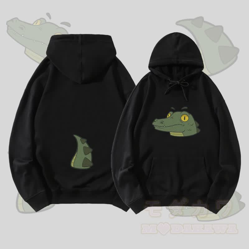 MODAKAWA Streetwear-Pullover-Hoodie mit Krokodil-Gesichts- und Schwanzgrafik - Schwarz - 5XL - image 1