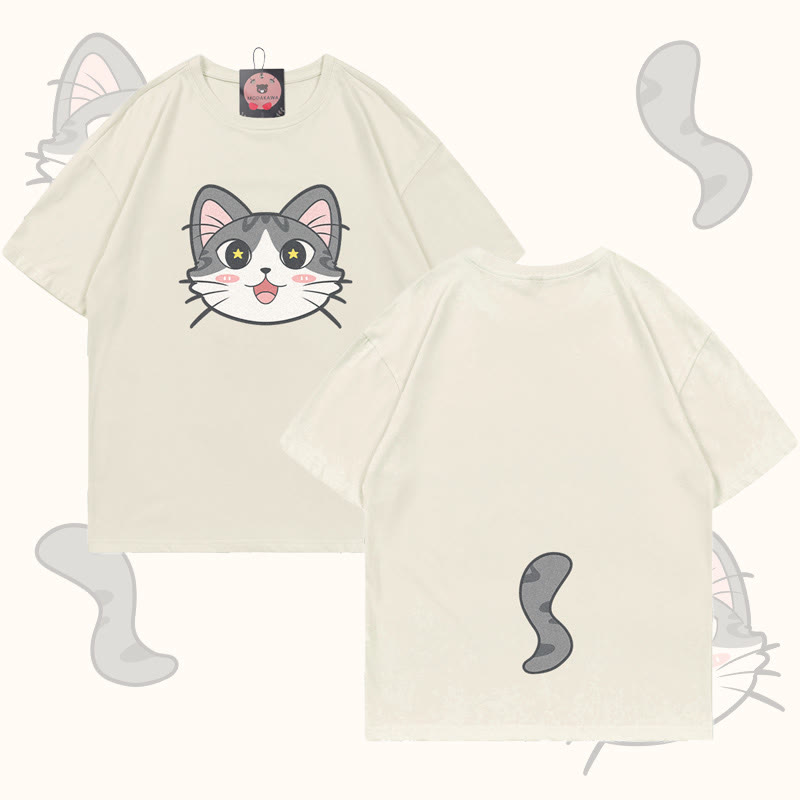MODAKAWA Katzenkopf- und Schwanzgrafik-T-Shirt - Beige - 5XL - image 1