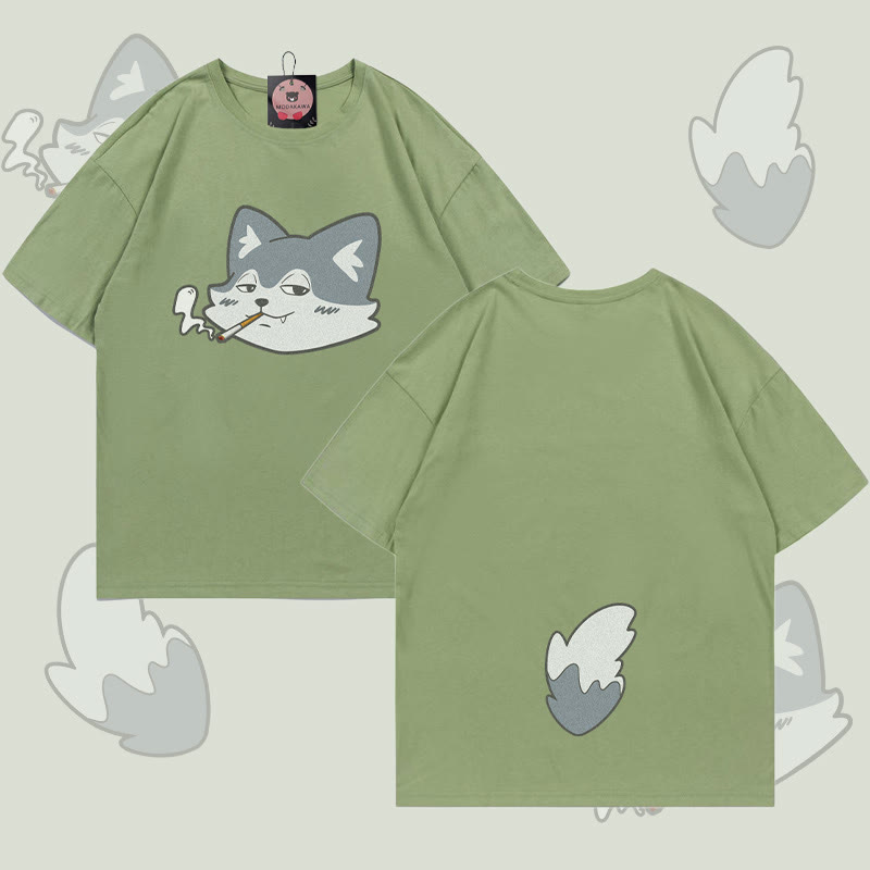 MODAKAWA T-Shirt mit Raucherwolf-Motiv (Gesicht und Schwanz) - Light Green - 5XL - image 1