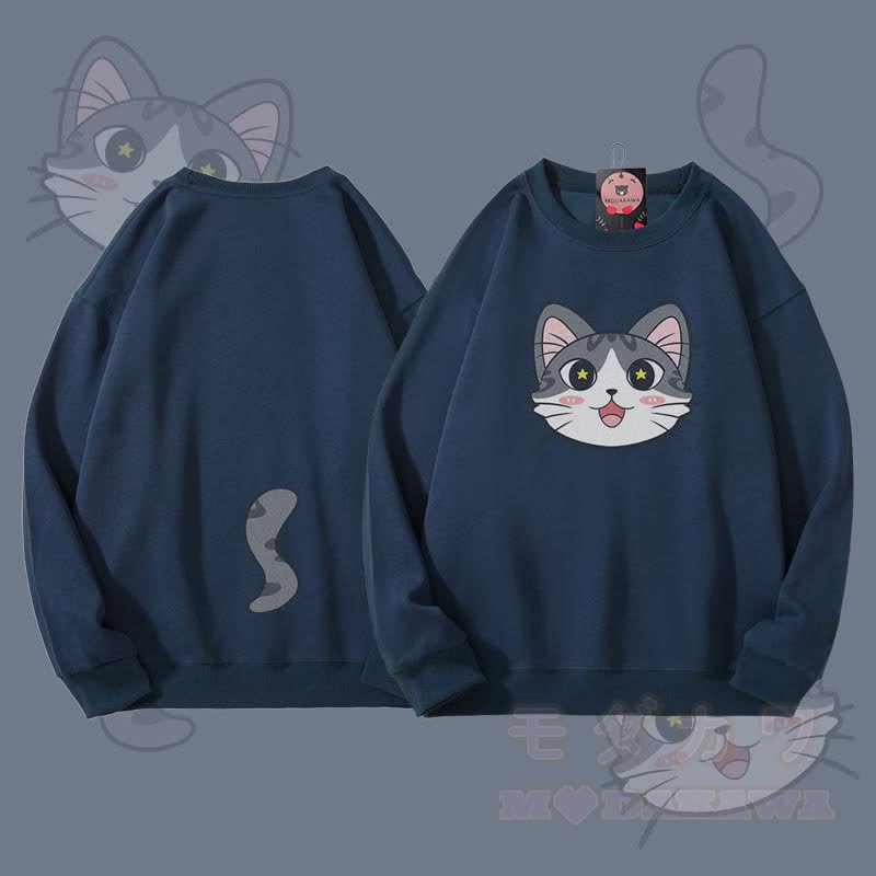 MODAKAWA Unisex-Sweatshirt mit Katzenmotiv (Gesicht und Schwanz) - Staubiges Blau - 5XL - image 1