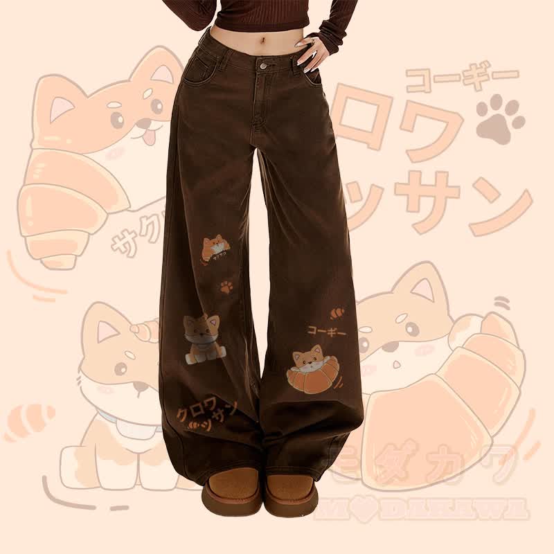 MODAKAWA Croissant Puppy Graphic Wide Leg Denim Pants - Braun - XL - image 1