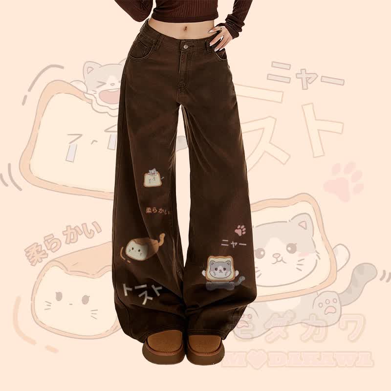 MODAKAWA Toast Cat Graphic Wide Leg Denim Pants - Braun - XL - image 1