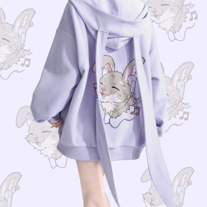 MODAKAWA Nabi Kapuzenpullover mit langem Hasenohren-Motiv und Reißverschlusstasche, der Musik auf die Haut zaubert - Purple - 2XL - image 1