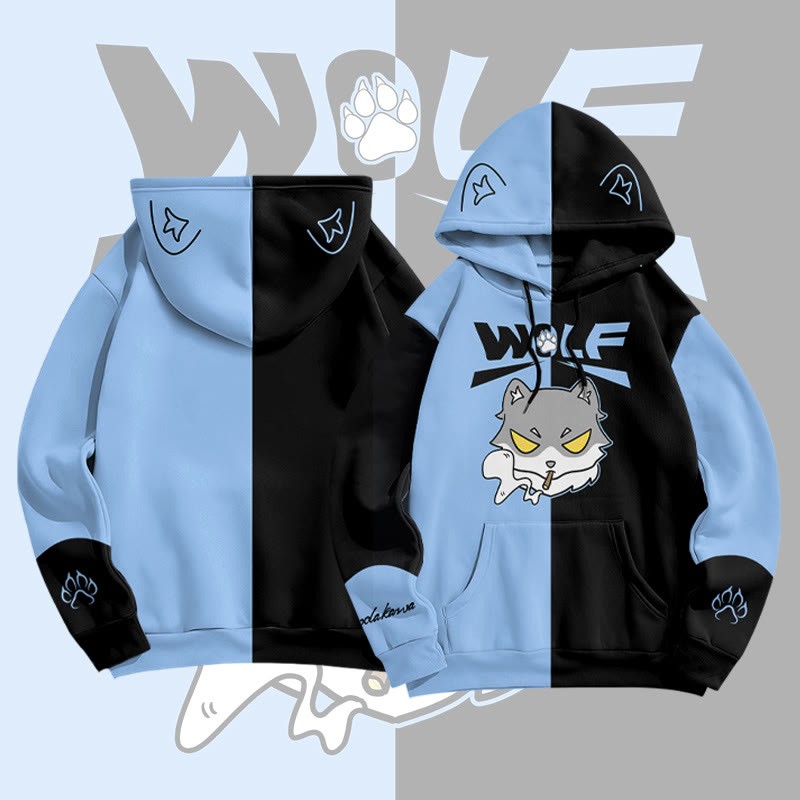 MODAKAWA Farben Block Smoking Wolf Graphic All Over Print Pullover Hoodie - Blue&Black - 8XL - image 3