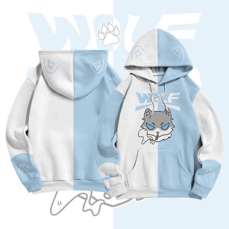 MODAKAWA Farben Block Smoking Wolf Graphic All Over Print Pullover Hoodie - Blue&White - 8XL - image 2