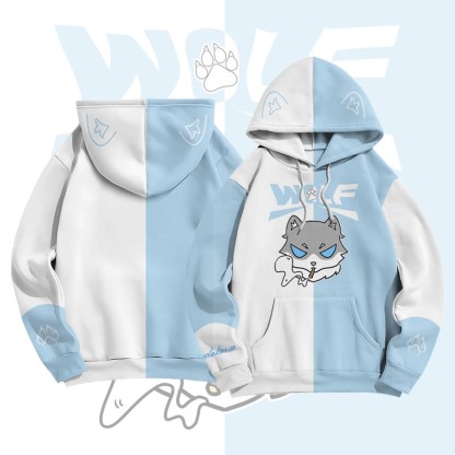 MODAKAWA Farben Block Smoking Wolf Graphic All Over Print Pullover Hoodie - Blue&White - 8XL - image 2