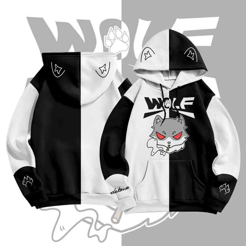 MODAKAWA Farben Block Smoking Wolf Graphic All Over Print Pullover Hoodie - White&Black - 8XL - image 1