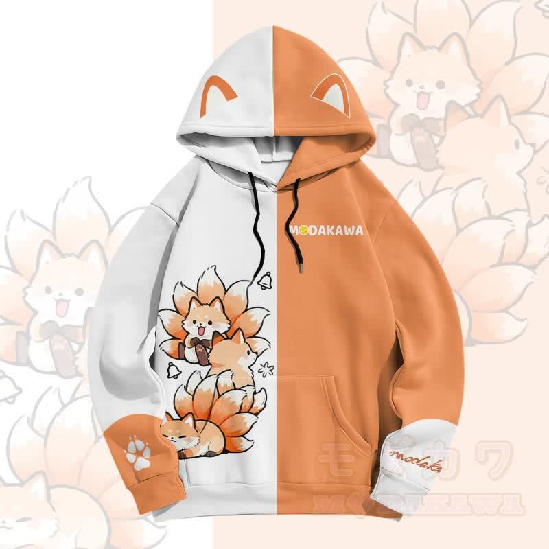 MODAKAWA Farben Block Pullover Hoodie mit Allover-Print und neunschwänzigem Fuchs-Grafik - Weiß & Orange - 5XL - image 1