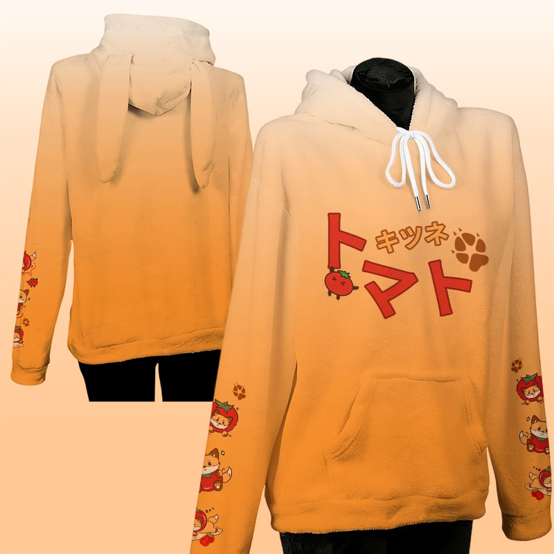 MODAKAWA Farbverlauf-Tomaten-Fuchs-Plüschhoodie mit Hasenohren - image 1